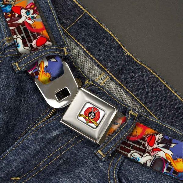Buckle Down Looney Tunes Logo Full Color White Seatbelt Belt - Looney Tunes 5-Airbrushed Character Poses/Brick Wall Webbing