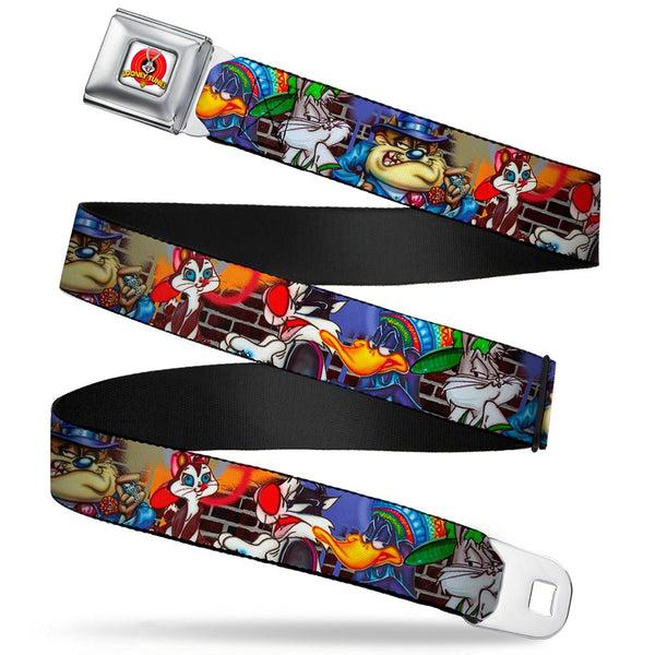 buckle down Looney Tunes Logo Full Color White Seatbelt Belt - Looney Tunes 5-Airbrushed Character Poses/Brick Wall Webbing