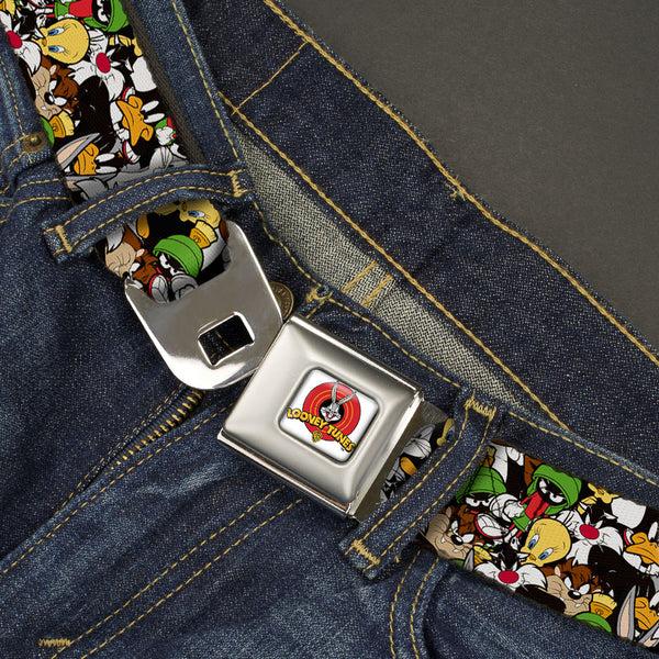 Buckle Down Looney Tunes Logo Full Color White Seatbelt Belt - Looney Tunes 6-Character Stacked Collage3 Webbing