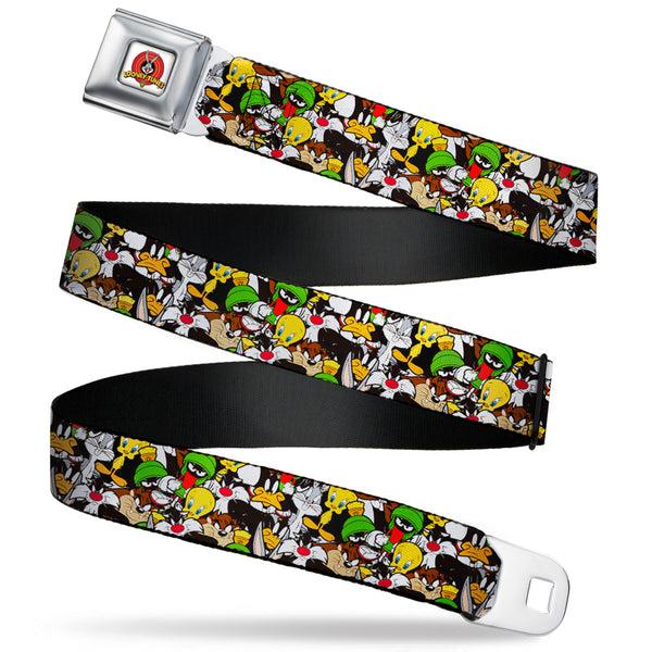 buckle down Looney Tunes Logo Full Color White Seatbelt Belt - Looney Tunes 6-Character Stacked Collage3 Webbing