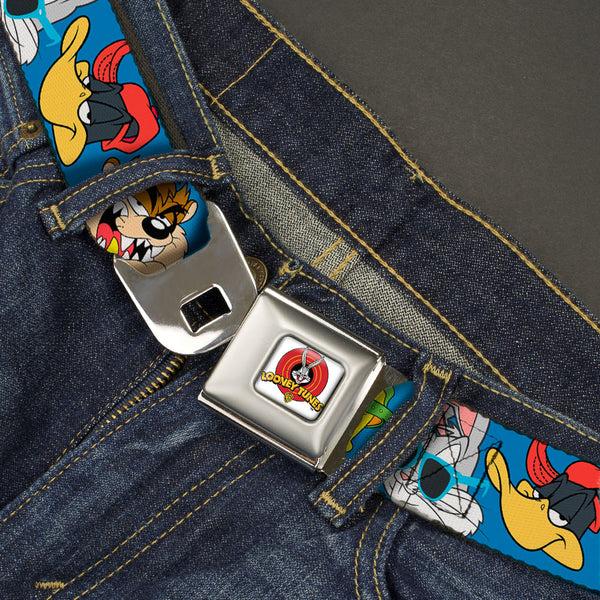 Buckle Down Looney Tunes Logo Full Color White Seatbelt Belt - Looney Tunes 4-Hip Hop Expressions Blue Webbing