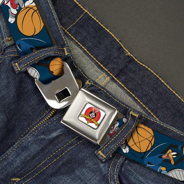 Buckle Down Looney Tunes Logo Full Color White Seatbelt Belt - Looney Tunes Basketball 8-Player Action Poses Navy Webbing