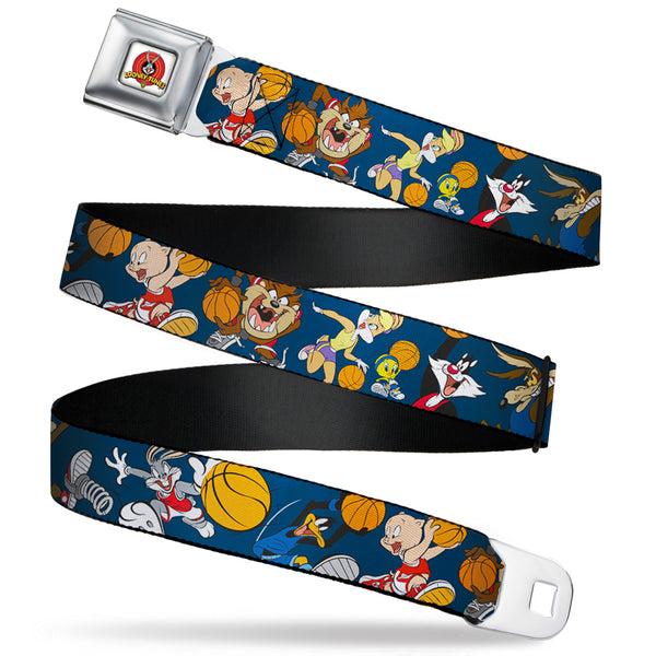 buckle down Looney Tunes Logo Full Color White Seatbelt Belt - Looney Tunes Basketball 8-Player Action Poses Navy Webbing