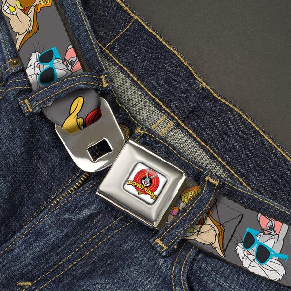 Buckle Down Looney Tunes Logo Full Color White Seatbelt Belt - Looney Tunes 5-Hip Hop Expressions Gray Webbing