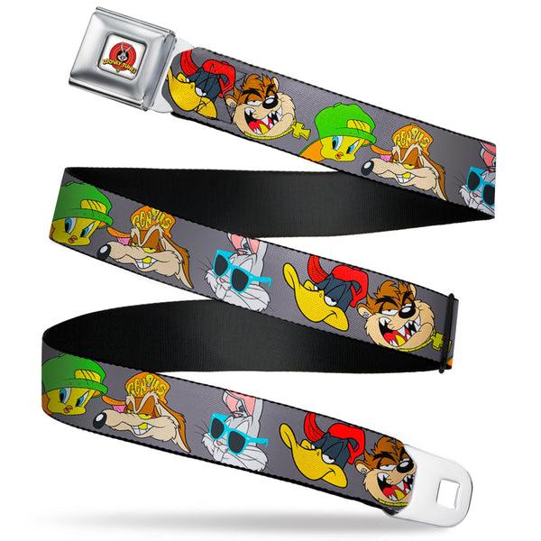 buckle down Looney Tunes Logo Full Color White Seatbelt Belt - Looney Tunes 5-Hip Hop Expressions Gray Webbing