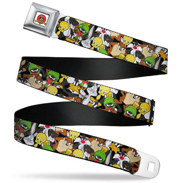 buckle down Looney Tunes Logo Full Color White Seatbelt Belt - Looney Tunes 6-Character Stacked Collage4 Webbing