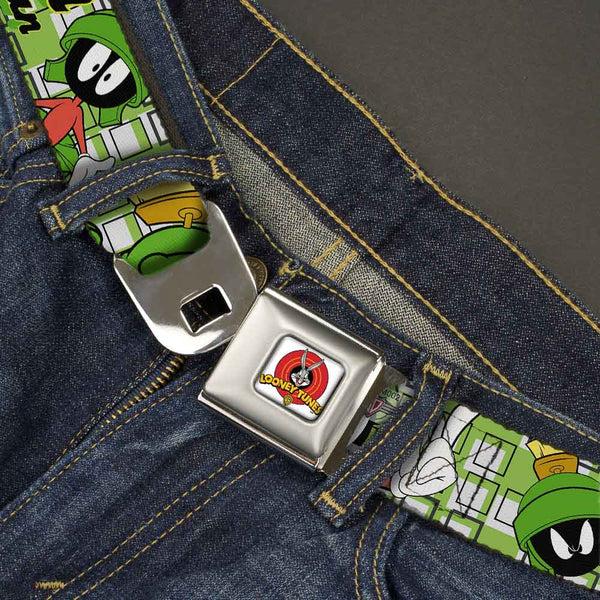 Buckle Down Looney Tunes Logo Full Color White Seatbelt Belt - MARVIN THE MARTIAN W/Poses White/Green Webbing
