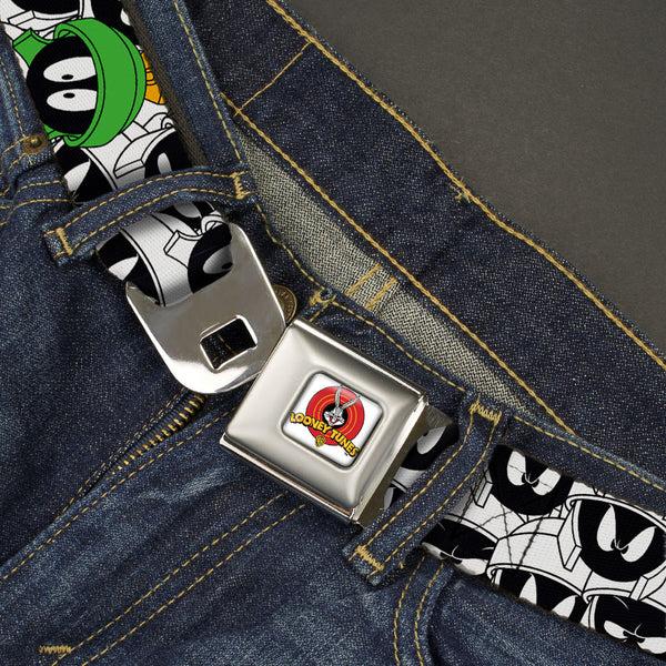 Buckle Down Looney Tunes Logo Full Color White Seatbelt Belt - Marvin The Martian Expressions Stacked White/Black/Green/Gold Webbing