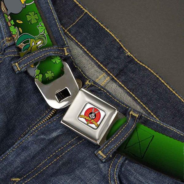 Buckle Down Looney Tunes Logo Full Color White Seatbelt Belt - Marvin The Martian & K-9 Poses/Clovers Greens Webbing