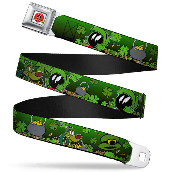 buckle down Looney Tunes Logo Full Color White Seatbelt Belt - Marvin the Martian & K-9 Poses/Clovers Greens Webbing
