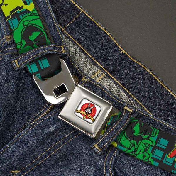 Buckle Down Looney Tunes Logo Full Color White Seatbelt Belt - MARVIN THE MARTIAN W/Poses Black/Turquoise Webbing