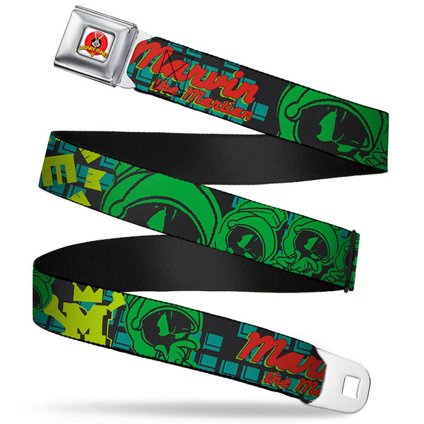 buckle down Looney Tunes Logo Full Color White Seatbelt Belt - MARVIN THE MARTIAN w/Poses Black/Turquoise Webbing