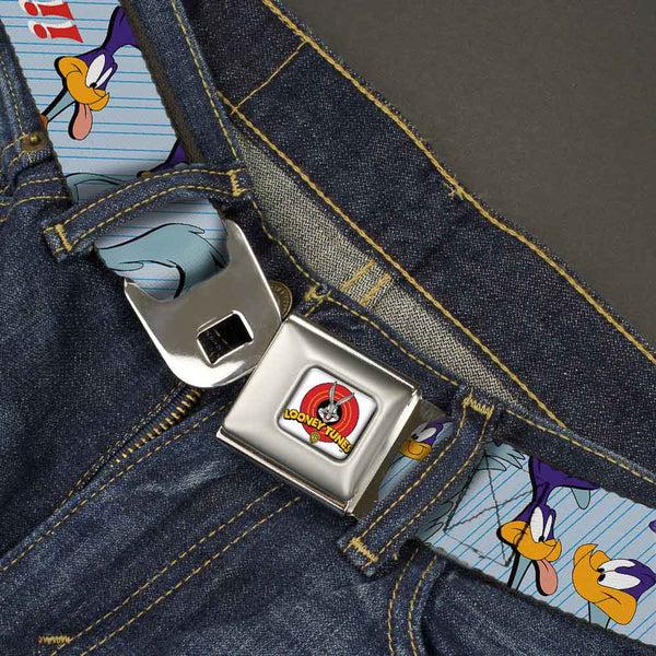 Buckle Down Looney Tunes Logo Full Color White Seatbelt Belt - MEEP MEEP W/Road Runner Poses Baby Blue Webbing
