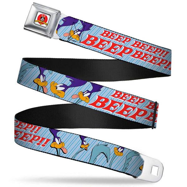 Buckle Down Looney Tunes Logo Full Color White Seatbelt Belt - MEEP MEEP W/Road Runner Poses Baby Blue Webbing