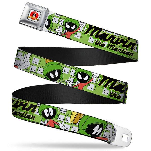 buckle down Looney Tunes Logo Full Color White Seatbelt Belt - MARVIN THE MARTIAN w/Poses White/Green Webbing