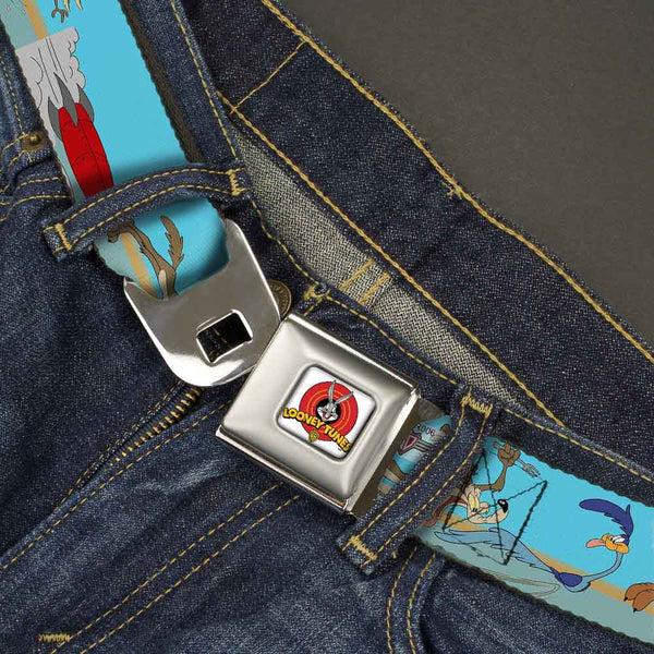 Buckle Down Looney Tunes Logo Full Color White Seatbelt Belt - Road Runner/Wile E. Coyote Scene2 Desert Webbing