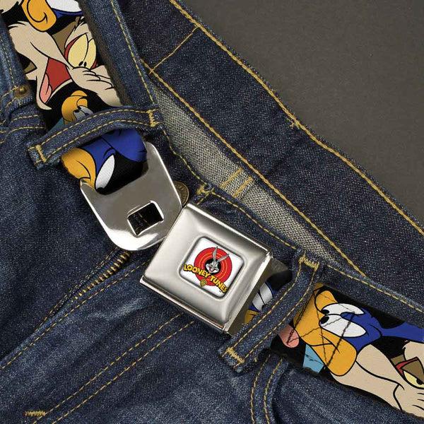 Buckle Down Looney Tunes Logo Full Color White Seatbelt Belt - Road Runner/Wile E. Coyote Expressions Stacked Black Webbing