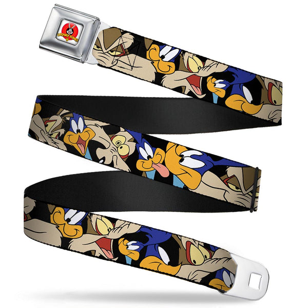 buckle down Looney Tunes Logo Full Color White Seatbelt Belt - Road Runner/Wile E. Coyote Expressions Stacked Black Webbing