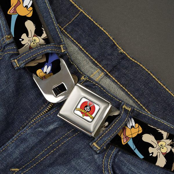 Buckle Down Looney Tunes Logo Full Color White Seatbelt Belt - Road Runner/Wile E. Coyote Expressions CLOSE-UP Black Webbing