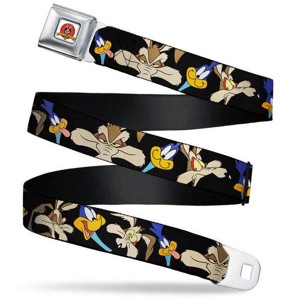 buckle down Looney Tunes Logo Full Color White Seatbelt Belt - Road Runner/Wile E. Coyote Expressions CLOSE-UP Black Webbing