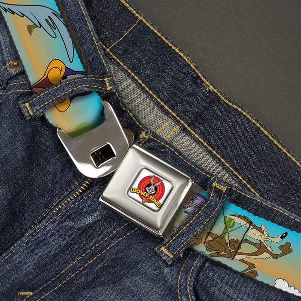 Buckle Down Looney Tunes Logo Full Color White Seatbelt Belt - Road Runner/Wile E. Coyote Scene1 Desert Webbing
