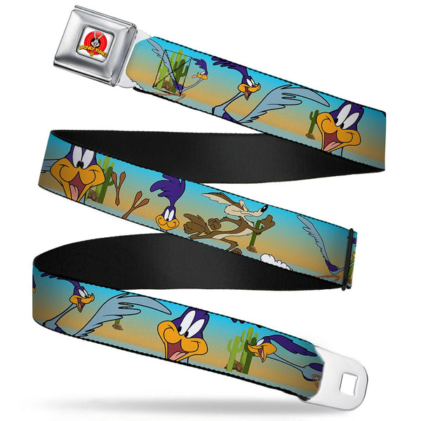 Buckle Down Looney Tunes Logo Full Color White Seatbelt Belt - Road Runner/Wile E. Coyote Scene1 Desert Webbing