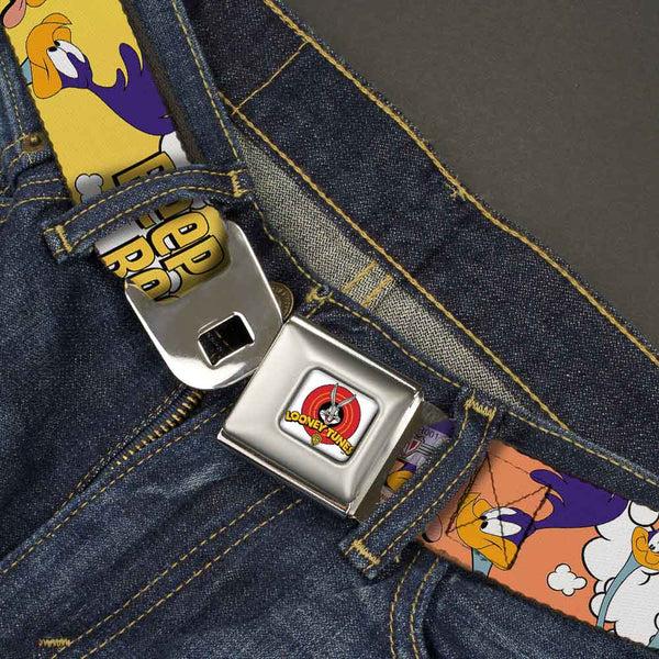 Buckle Down Looney Tunes Logo Full Color White Seatbelt Belt - ROAD RUNNER W/Road Runner Poses Orange Webbing