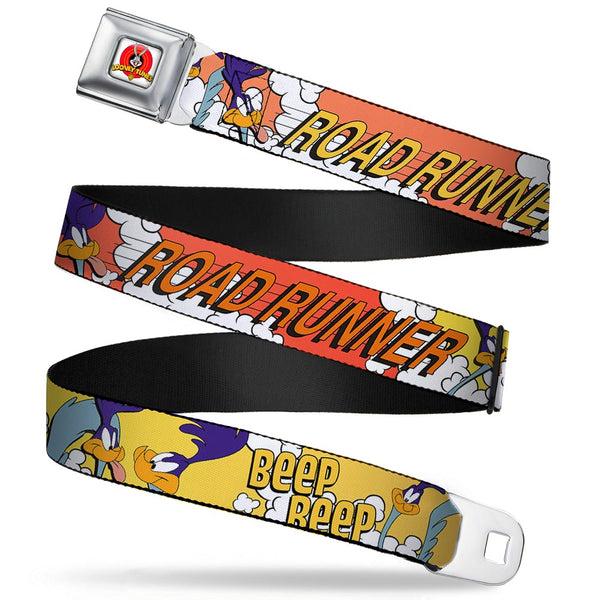 buckle down Looney Tunes Logo Full Color White Seatbelt Belt - ROAD RUNNER w/Road Runner Poses Orange Webbing