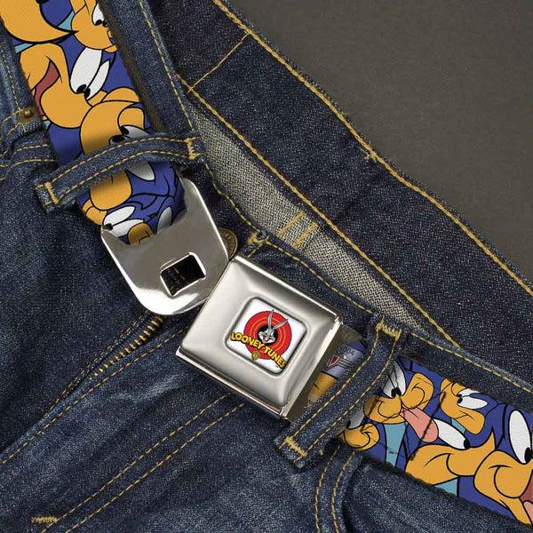 Buckle Down Looney Tunes Logo Full Color White Seatbelt Belt - Road Runner Expressions Stacked Webbing