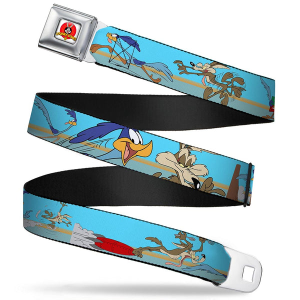 buckle down Looney Tunes Logo Full Color White Seatbelt Belt - Road Runner/Wile E. Coyote Scene2 Desert Webbing