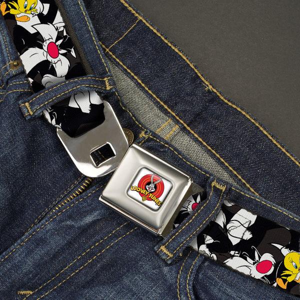 Buckle Down Looney Tunes Logo Full Color White Seatbelt Belt - Sylvester And Tweety Poses Scattered Charcoal Webbing