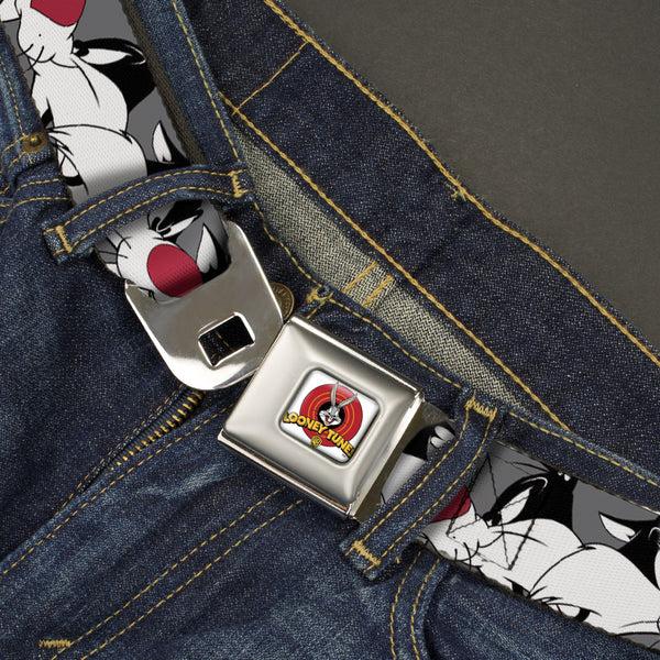 Buckle Down Looney Tunes Logo Full Color White Seatbelt Belt - Sylvester The Cat Expressions Gray Webbing