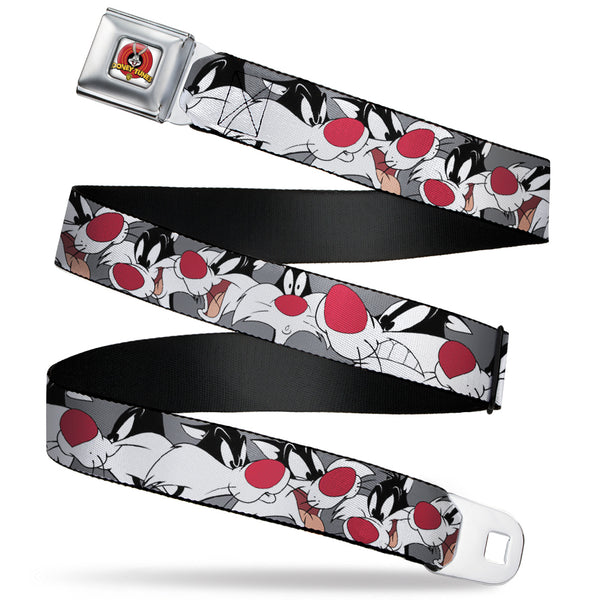 buckle down Looney Tunes Logo Full Color White Seatbelt Belt - Sylvester the Cat Expressions Gray Webbing