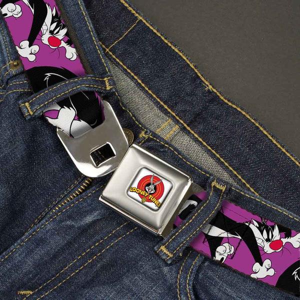 Buckle Down Looney Tunes Logo Full Color White Seatbelt Belt - Sylvester The Cat Poses Purple Webbing