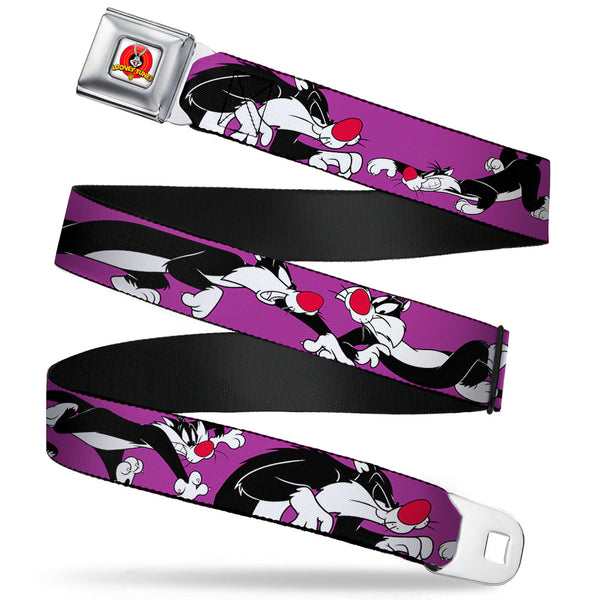 buckle down Looney Tunes Logo Full Color White Seatbelt Belt - Sylvester the Cat Poses Purple Webbing