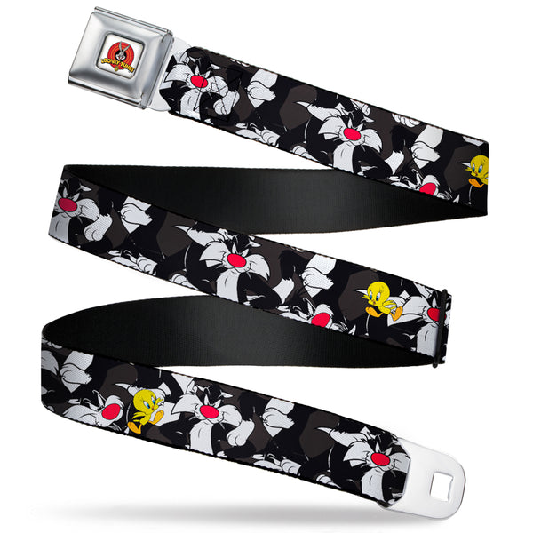 buckle down Looney Tunes Logo Full Color White Seatbelt Belt - Sylvester and Tweety Poses Scattered Charcoal Webbing