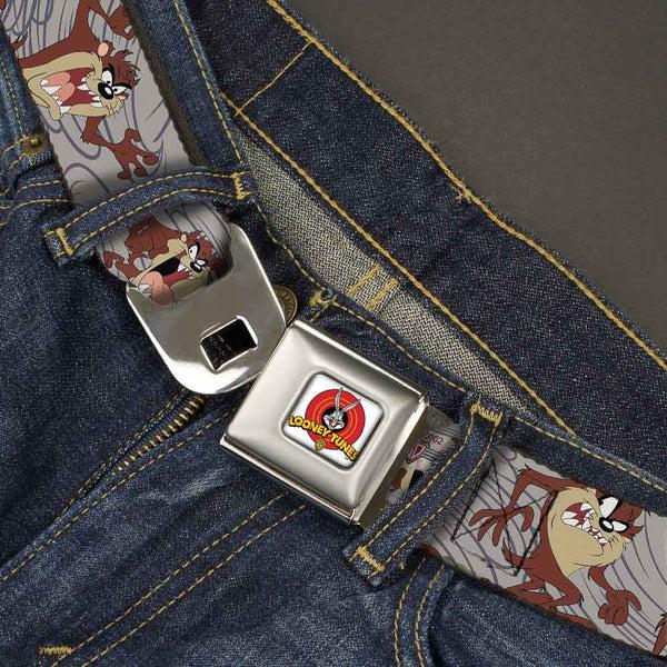 Buckle Down Looney Tunes Logo Full Color White Seatbelt Belt - Tasmanian Devil Expressions Gray Swirl Webbing