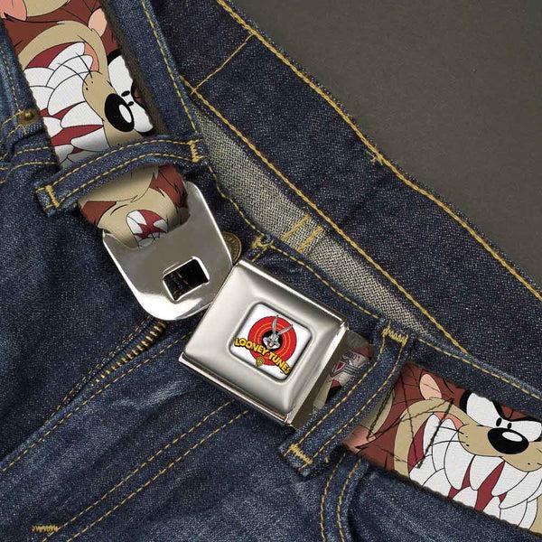Buckle Down Looney Tunes Logo Full Color White Seatbelt Belt - Tasmanian Devil Expressions Brown Webbing