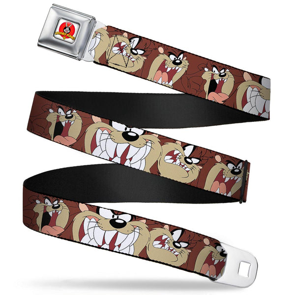 buckle down Looney Tunes Logo Full Color White Seatbelt Belt - Tasmanian Devil Expressions Brown Webbing