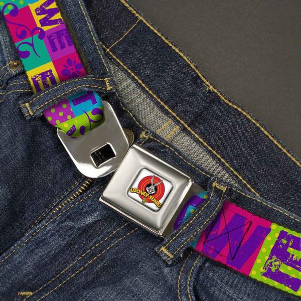 Buckle Down Looney Tunes Logo Full Color White Seatbelt Belt - TWEETY Letter Blocks Polka Dot Multi Color Webbing