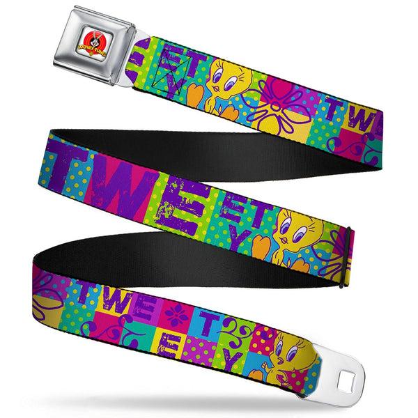 buckle down Looney Tunes Logo Full Color White Seatbelt Belt - TWEETY Letter Blocks Polka Dot Multi Color Webbing