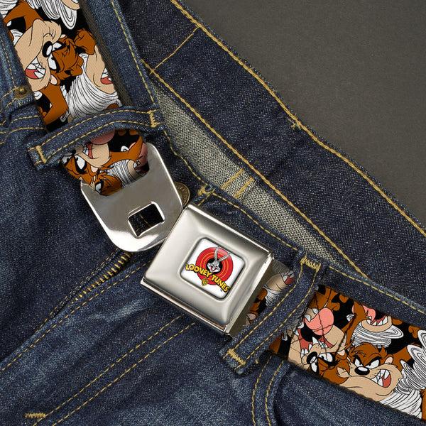 Buckle Down Looney Tunes Logo Full Color White Seatbelt Belt - Tasmanian Devil Vortex Poses Stacked Black Webbing