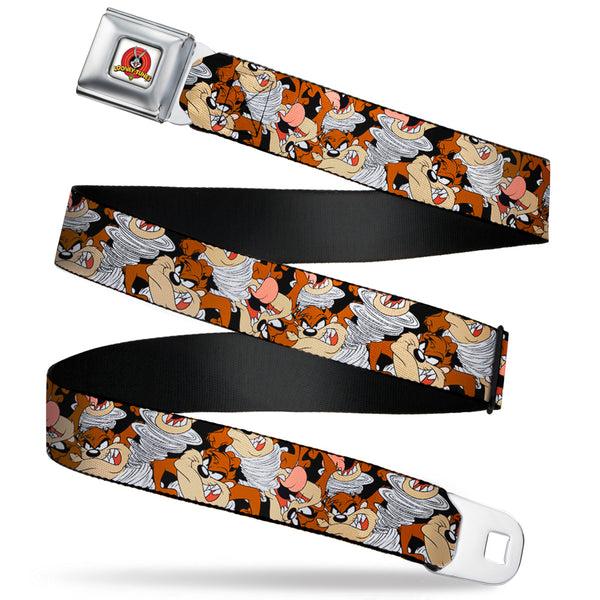buckle down Looney Tunes Logo Full Color White Seatbelt Belt - Tasmanian Devil Vortex Poses Stacked Black Webbing