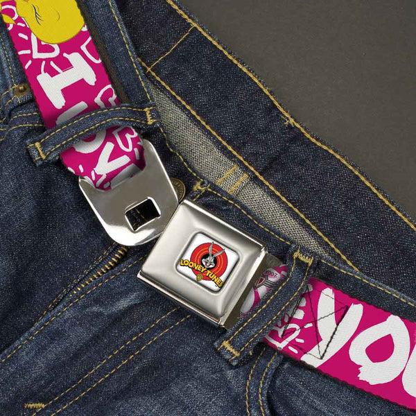 Buckle Down Looney Tunes Logo Full Color White Seatbelt Belt - Tweety Bird I LOVE YOU Fuchsia/White Webbing