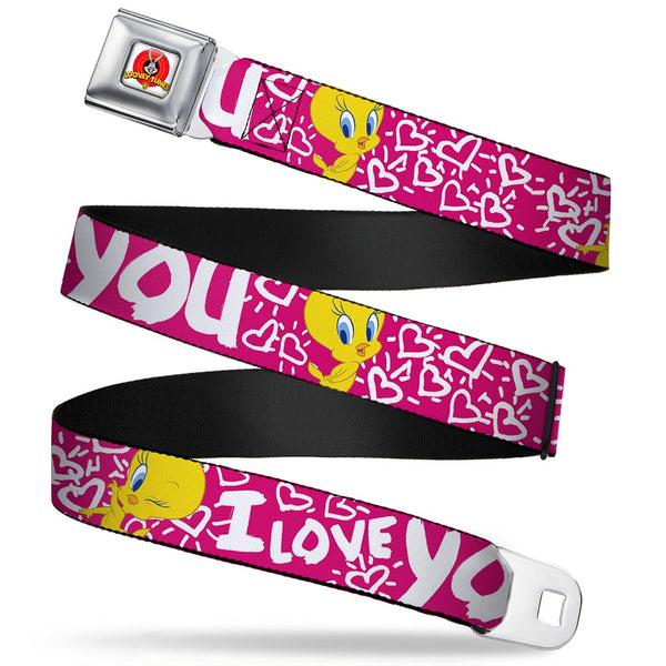 buckle down Looney Tunes Logo Full Color White Seatbelt Belt - Tweety Bird I LOVE YOU Fuchsia/White Webbing