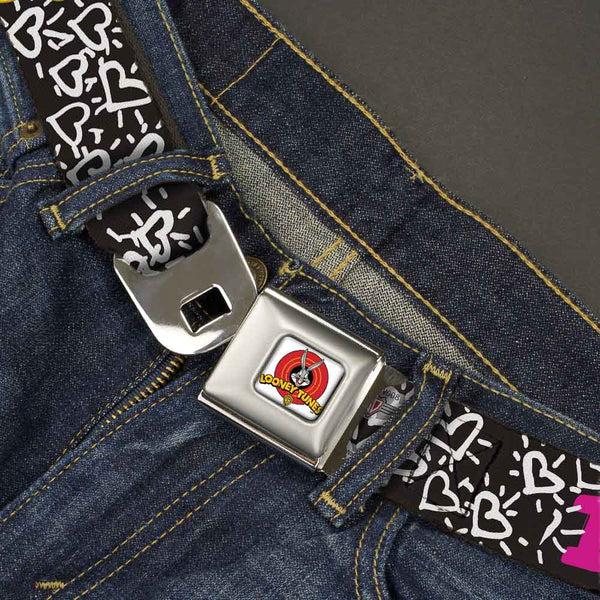 Buckle Down Looney Tunes Logo Full Color White Seatbelt Belt - Tweety Bird I LOVE YOU Black/White/Pink Webbing