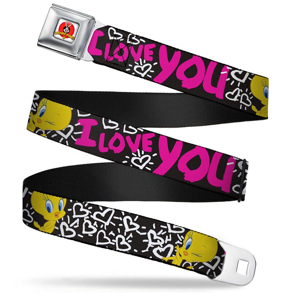 buckle down Looney Tunes Logo Full Color White Seatbelt Belt - Tweety Bird I LOVE YOU Black/White/Pink Webbing