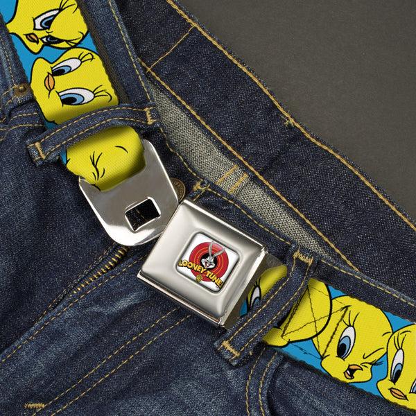 Buckle Down Looney Tunes Logo Full Color White Seatbelt Belt - Tweety Bird CLOSE-UP Expressions Baby Blue Webbing