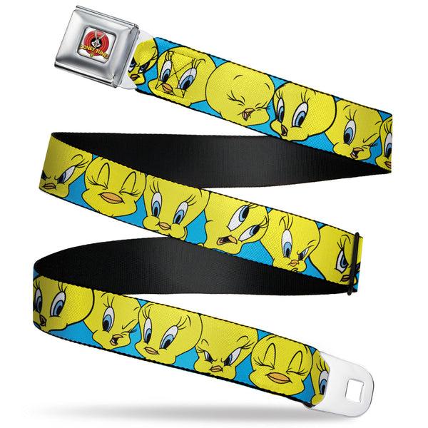 buckle down Looney Tunes Logo Full Color White Seatbelt Belt - Tweety Bird CLOSE-UP Expressions Baby Blue Webbing