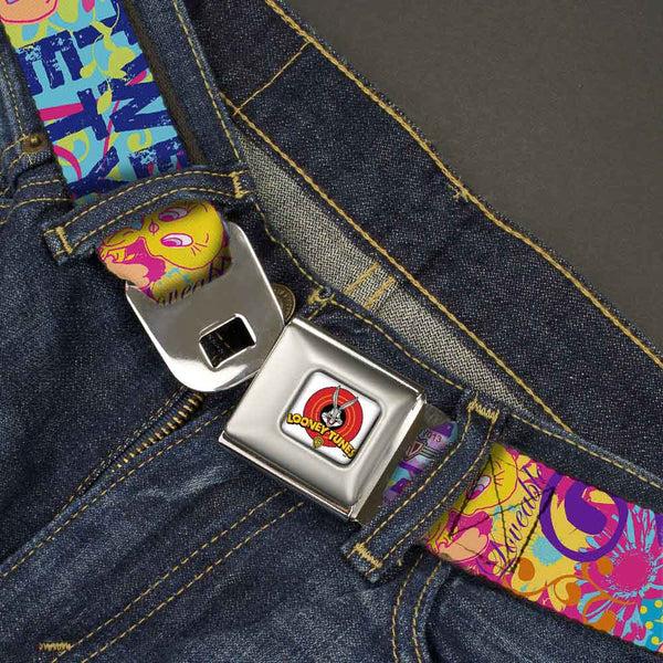 Buckle Down Looney Tunes Logo Full Color White Seatbelt Belt - Tweety Bird Poses LITTLE CUTIE-LOVEABLE Blue/Multi Color Webbing